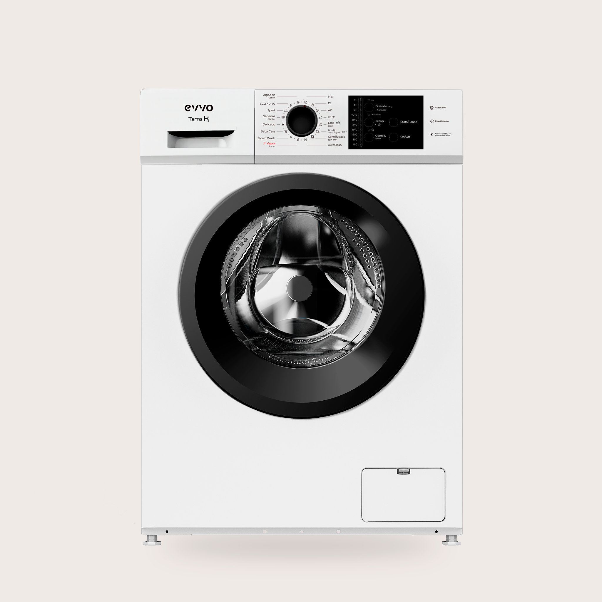 Machine à Laver EVVO Terra 8 Kg - Classe A, Moteur Inverter, 1350 Tr/min, Fonction Vapeur - 15 Programmes